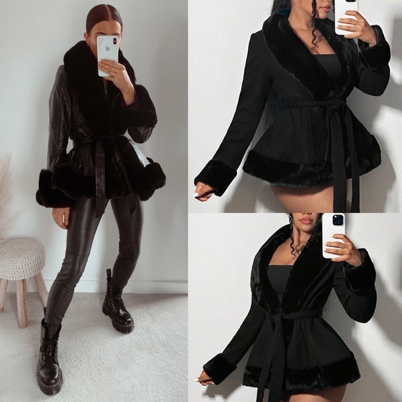 Jackets & Blazers - Premium Faux fur black belted coat, collared fur & fur sleeve cuffs faux leather
